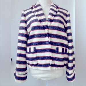 J.Crew white and blue striped blazer bomber with the elastic band on a bottom 4